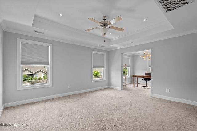1035 Bent Blade Ln, Wilmington, NC 28411 - unfurnished room featuring a tray ceiling, ornamental molding, carpet floors, recessed lighting, and ceiling fan