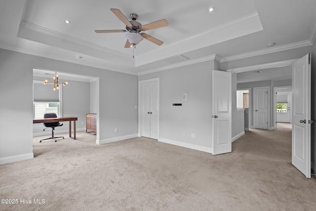 1035 Bent Blade Ln, Wilmington, NC 28411 - unfurnished living room featuring a raised ceiling, light colored carpet, an office area, a ceiling fan, and crown molding