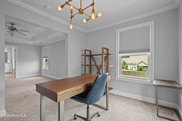 1035 Bent Blade Ln, Wilmington, NC 28411 - office area with carpet floors, ornamental molding, ceiling fan, and a chandelier