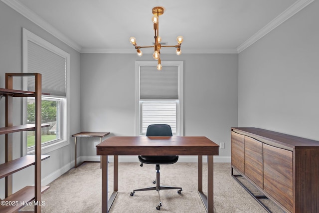 1035 Bent Blade Ln, Wilmington, NC 28411 - office area featuring light carpet, ornamental molding, and a chandelier
