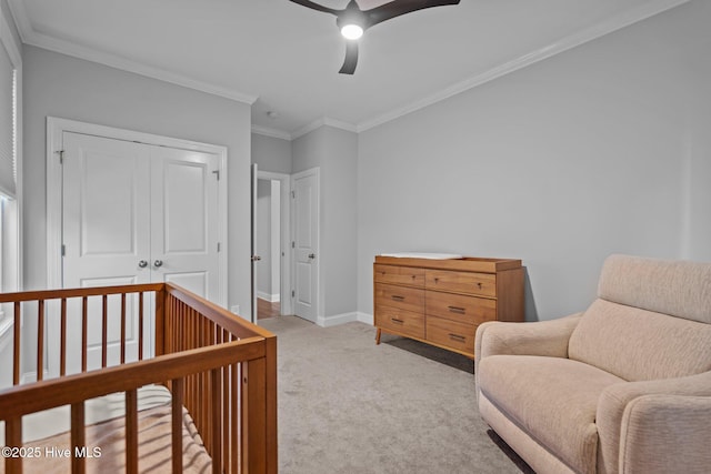 1035 Bent Blade Ln, Wilmington, NC 28411 - bedroom featuring carpet, crown molding, a closet, and ceiling fan