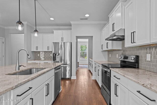 1035 Bent Blade Ln, Wilmington, NC 28411 - kitchen with appliances with stainless steel finishes, under cabinet range hood, white cabinets, ornamental molding, and dark wood-type flooring