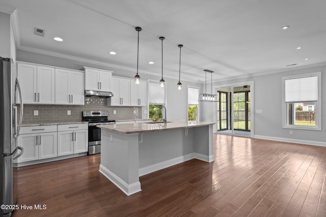 1035 Bent Blade Ln, Wilmington, NC 28411 - kitchen featuring stainless steel appliances, under cabinet range hood, light stone counters, white cabinets, and backsplash