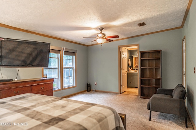 1360 Rays Bridge Rd, Whispering Pines, NC 28327 - unfurnished bedroom featuring carpet flooring, crown molding, a textured ceiling, connected bathroom, and ceiling fan