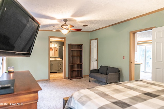 1360 Rays Bridge Rd, Whispering Pines, NC 28327 - bedroom featuring light colored carpet, ensuite bathroom, and crown molding