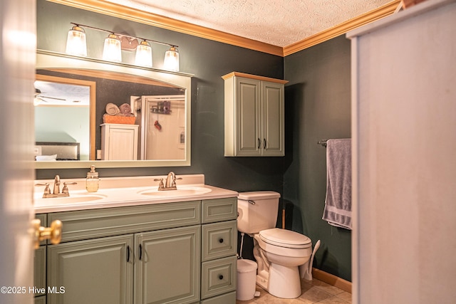 1360 Rays Bridge Rd, Whispering Pines, NC 28327 - bathroom featuring ornamental molding, double vanity, tile patterned floors, and a textured ceiling
