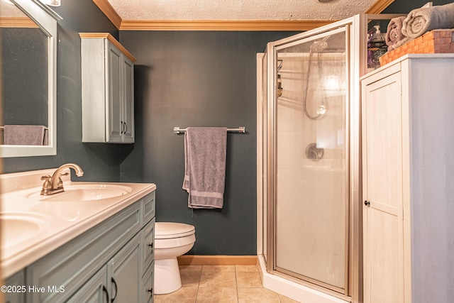 1360 Rays Bridge Rd, Whispering Pines, NC 28327 - bathroom with a stall shower, double vanity, tile patterned flooring, a textured ceiling, and crown molding