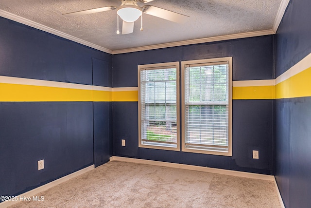 1360 Rays Bridge Rd, Whispering Pines, NC 28327 - empty room with a textured ceiling, carpet flooring, ceiling fan, and crown molding