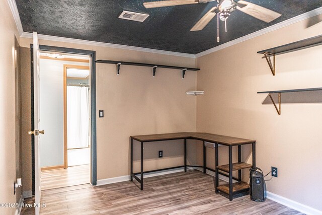 1360 Rays Bridge Rd, Whispering Pines, NC 28327 - office featuring wood finished floors, ornamental molding, and a ceiling fan
