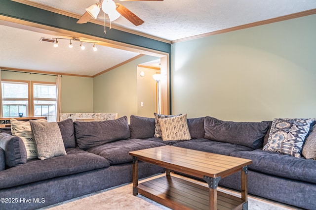 1360 Rays Bridge Rd, Whispering Pines, NC 28327 - living room featuring crown molding, ceiling fan, carpet flooring, and a textured ceiling