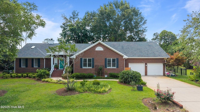 110 Mariners Ct, New Bern, NC 28562 - view of front of property featuring an attached garage, brick siding, a front yard, driveway, and a chimney