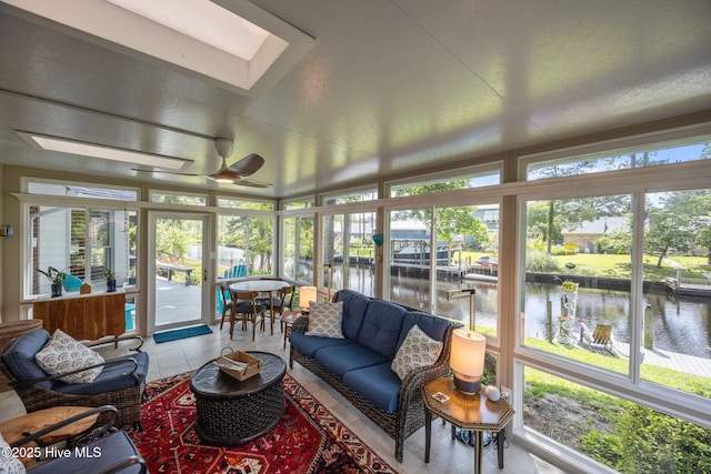 110 Mariners Ct, New Bern, NC 28562 - sunroom / solarium with a water view, outdoor lounge area, plenty of natural light, and a ceiling fan