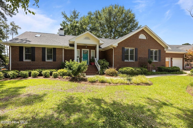 110 Mariners Ct, New Bern, NC 28562 - single story home featuring brick siding, a garage, a front yard, a chimney, and a shingled roof