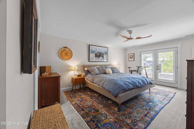 110 Mariners Ct, New Bern, NC 28562 - bedroom featuring access to exterior, light carpet, crown molding, french doors, and ceiling fan