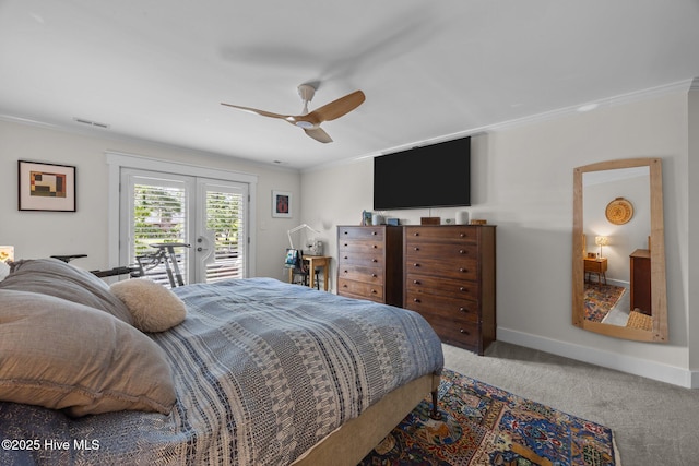 110 Mariners Ct, New Bern, NC 28562 - carpeted bedroom with access to exterior, crown molding, french doors, and ceiling fan