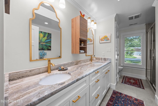 110 Mariners Ct, New Bern, NC 28562 - full bath featuring double vanity, ornamental molding, a shower stall, and tile patterned floors
