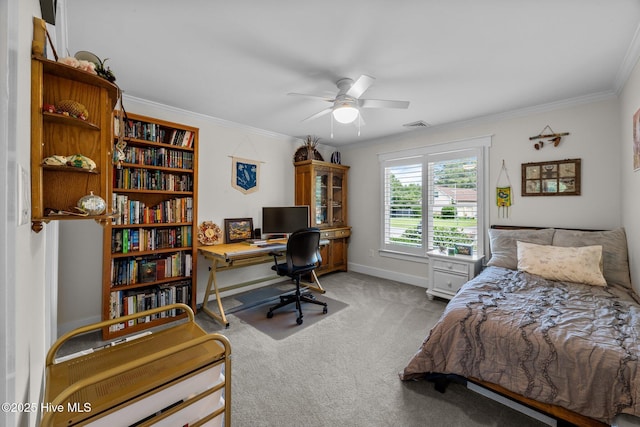110 Mariners Ct, New Bern, NC 28562 - carpeted bedroom featuring an office area, ornamental molding, and a ceiling fan