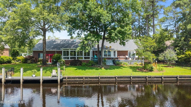 110 Mariners Ct, New Bern, NC 28562 - rear view of house with a water view, brick siding, and a shingled roof