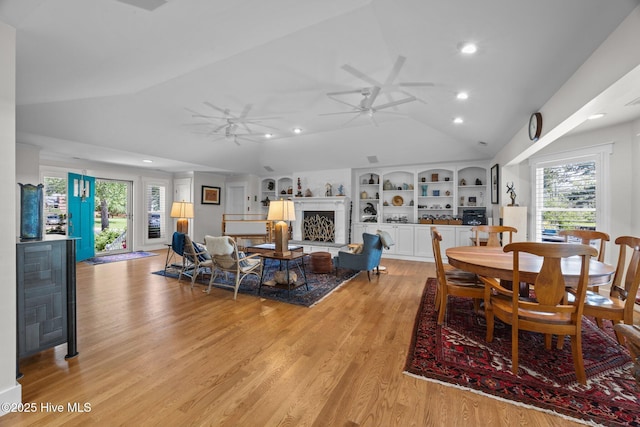 110 Mariners Ct, New Bern, NC 28562 - dining area featuring vaulted ceiling, recessed lighting, plenty of natural light, light wood-type flooring, and ceiling fan