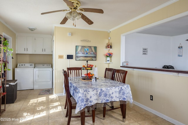 800 S Vance St, Fremont, NC 27830 - dining area with independent washer and dryer, a ceiling fan, and crown molding