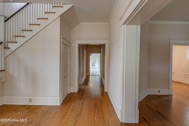 1305 N Market St, Washington, NC 27889 - hallway with light wood-type flooring, crown molding, and stairway