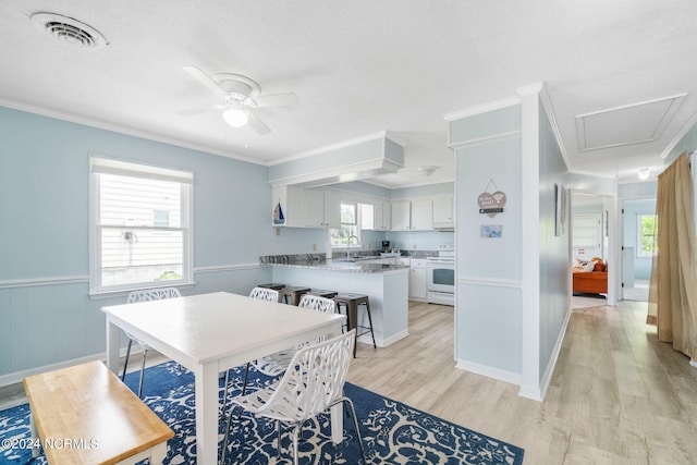 1086 Salter Path Rd, Salter Path, NC 28512 - dining area featuring a ceiling fan, light wood-style floors, crown molding, a wainscoted wall, and a textured ceiling