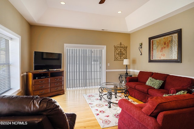 8975 Smithfield Dr NW Apt 2, Calabash, NC 28467 - living area with a raised ceiling, wood finished floors, a ceiling fan, and recessed lighting