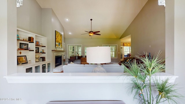104 Chatham Pass, Trent Woods, NC 28562 - living room with a fireplace, high vaulted ceiling, a ceiling fan, and recessed lighting