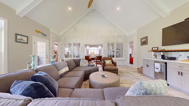 104 Chatham Pass, Trent Woods, NC 28562 - living room featuring high vaulted ceiling, beamed ceiling, and recessed lighting