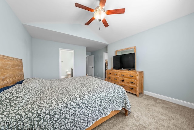 1571 Grey Cliff Run, Wilmington, NC 28405 - carpeted bedroom featuring vaulted ceiling, a ceiling fan, and ensuite bath
