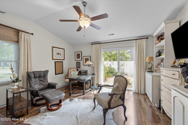 600 N 35th St Unit 201, Morehead City, NC 28557 - home office featuring ceiling fan, hardwood / wood-style floors, and vaulted ceiling