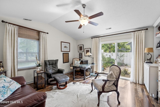 600 N 35th St Unit 201, Morehead City, NC 28557 - home office with a ceiling fan, hardwood / wood-style floors, and vaulted ceiling