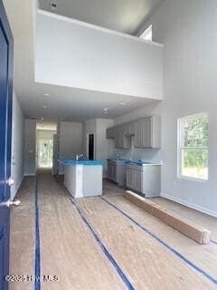 804 Palm Frond Way, Calabash, NC 28467 - kitchen featuring a high ceiling, bowling, and gray cabinetry