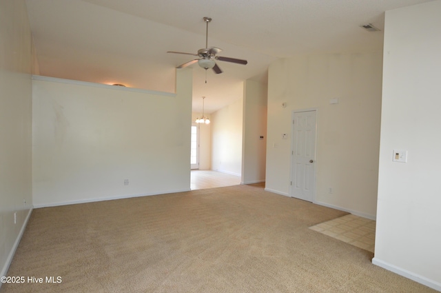 140 Van Riggs Rd, Hubert, NC 28539 - spare room featuring ceiling fan, light carpet, a chandelier, and high vaulted ceiling