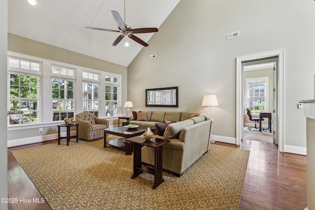 8812 Fazio Dr, Wilmington, NC 28411 - living area featuring high vaulted ceiling, ceiling fan, wood finished floors, and recessed lighting