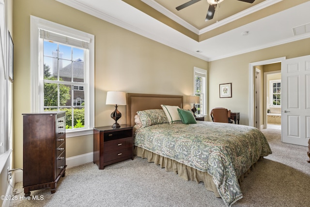 8812 Fazio Dr, Wilmington, NC 28411 - bedroom with light carpet, crown molding, a raised ceiling, ceiling fan, and a desk