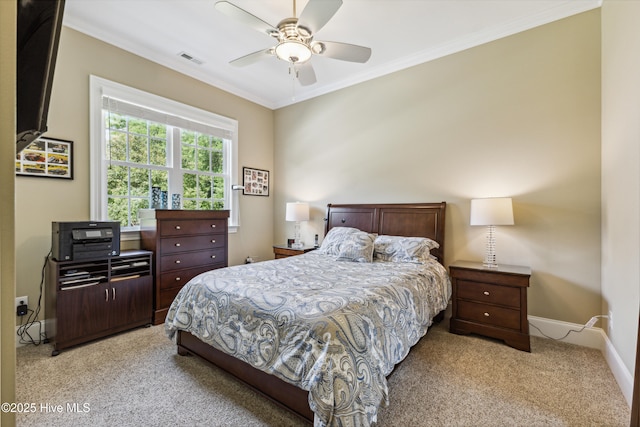 8812 Fazio Dr, Wilmington, NC 28411 - bedroom featuring light carpet, ornamental molding, and a ceiling fan