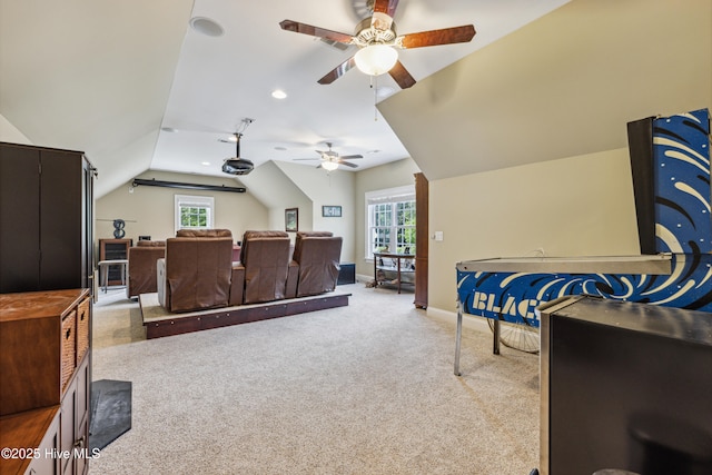 8812 Fazio Dr, Wilmington, NC 28411 - carpeted bedroom with vaulted ceiling and a ceiling fan