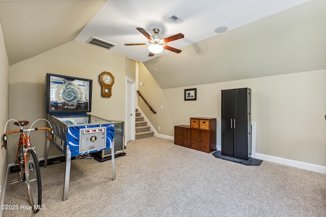 8812 Fazio Dr, Wilmington, NC 28411 - rec room featuring ceiling fan, carpet, and lofted ceiling