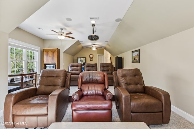 8812 Fazio Dr, Wilmington, NC 28411 - carpeted home theater featuring ceiling fan and lofted ceiling
