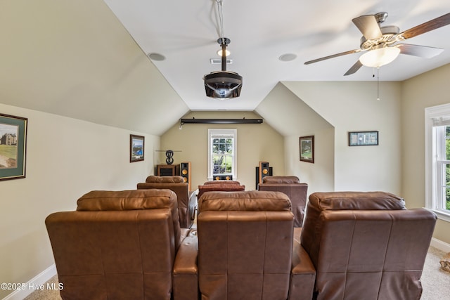 8812 Fazio Dr, Wilmington, NC 28411 - home theater featuring carpet flooring, ceiling fan, and vaulted ceiling