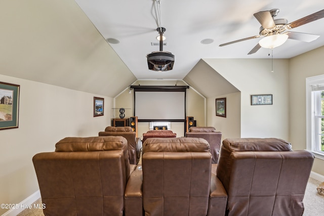 8812 Fazio Dr, Wilmington, NC 28411 - carpeted home theater featuring ceiling fan and lofted ceiling