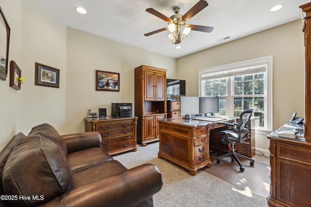 8812 Fazio Dr, Wilmington, NC 28411 - office featuring light carpet, ceiling fan, and recessed lighting