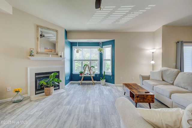 213 Fullford Ln Unit 201, Wilmington, NC 28412 - living room featuring wood finished floors, a fireplace, and ceiling fan