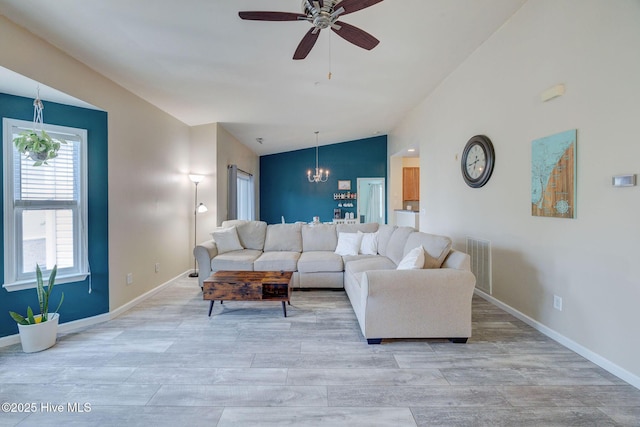 213 Fullford Ln Unit 201, Wilmington, NC 28412 - living area featuring lofted ceiling, a chandelier, and a ceiling fan