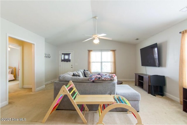 226 Bandon Dr, New Bern, NC 28562 - living room featuring light colored carpet, ceiling fan, and lofted ceiling