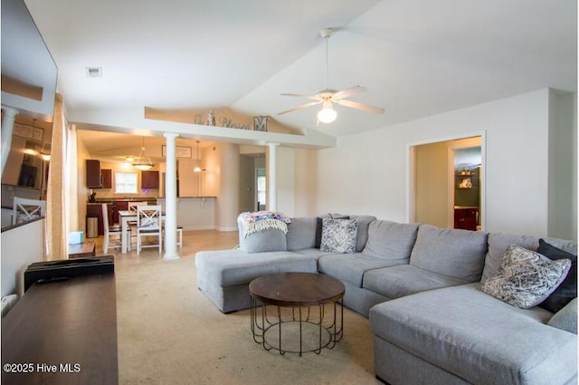 226 Bandon Dr, New Bern, NC 28562 - living room featuring a ceiling fan, lofted ceiling, ornate columns, plenty of natural light, and light colored carpet
