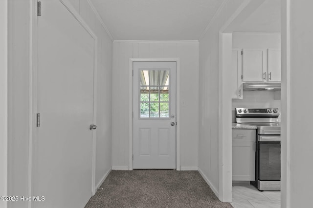 1292 Lake Cole Rd, Midway Park, NC 28544 - doorway to outside with ornamental molding and light carpet