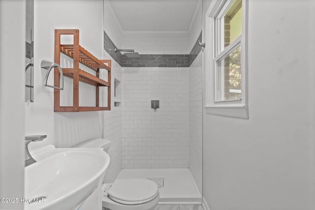 1292 Lake Cole Rd, Midway Park, NC 28544 - bathroom featuring a stall shower, ornamental molding, and marble finish floors