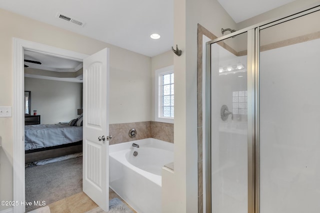 324 Windmill Light Way, Sneads Ferry, NC 28460 - ensuite bathroom with a bath, a shower stall, tile patterned floors, and ornamental molding
